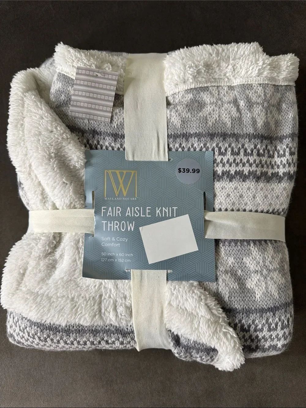 Wayland Square Fair Aisle Knit Throw Blanket Gray & White Faux Fur 50x60” NEW
